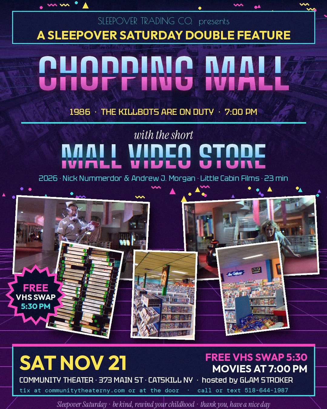 Chopping Mall poster, Sleepover Saturday November 21 at the Community Theater in Catskill